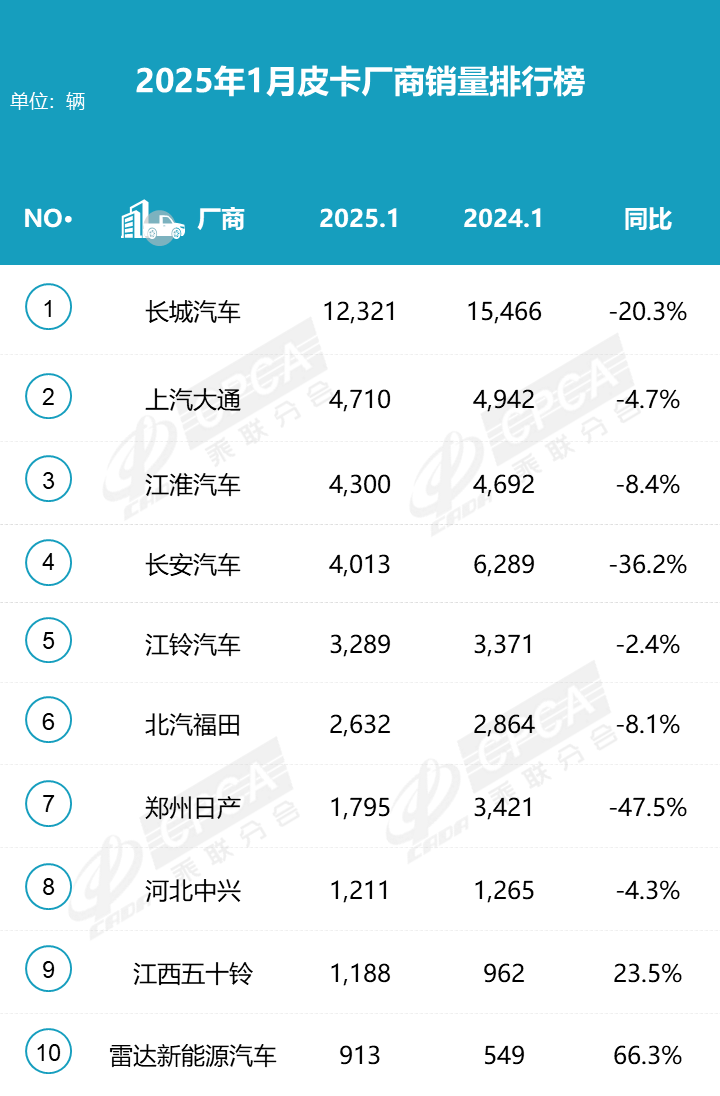 2025年1月皮卡市场数据分析 销量排行榜