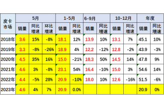 2023年5月皮卡市场分析 销售4.6万辆同比增长4%
